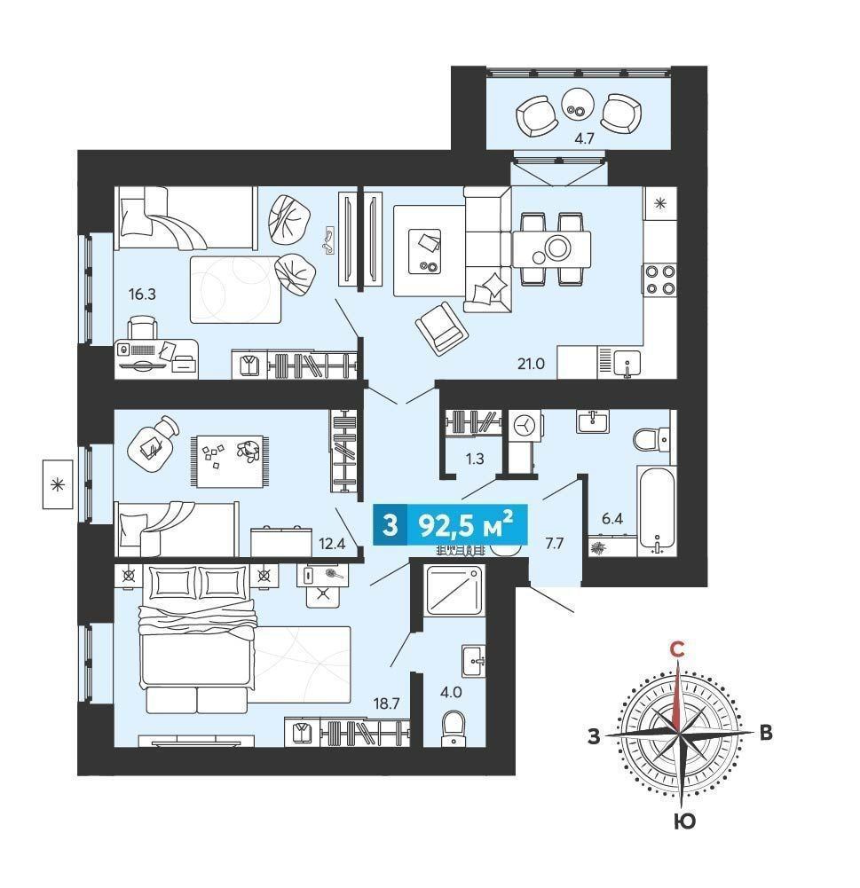   Продается  3 комнатная квартира в ЖК Созвездие , башня Лира.
Дом 17-ти этажный , кирпичный ,  класса «Комфорт +» , на улице Светлая  .
 Срок сдачи 1 квартал 2026 года .

Общая площадь 92,5 кв.м.  Жилая 47,4 кв.м.  Кухня 21 кв.м.  С/у раздельный . Лоджия 4,7 кв.м.

В квартире будет произведена 