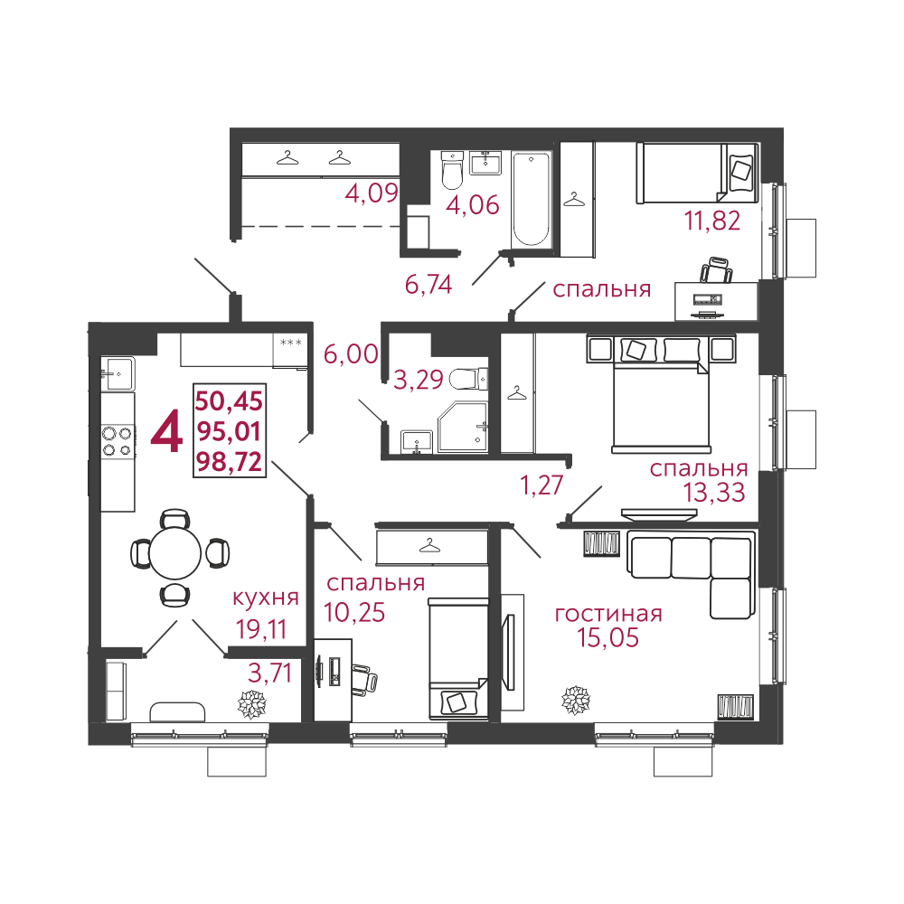 Продается 4 комнатная квартира  ул. Баталина 31/2 ,в ЖК Новобережье , корпус 2 .
Дом кирпично-монолитный , 12этажный .Сдача 4 кв. 2025 года .

В наличии 4 комнатная квартира
Общая площадь 98,72 кв.м.. Жилая площадь 50,45 кв.м. .Кухня 19,11 кв.м..Лоджия 3,71 кв.м.

Полы: – в санузлах – гидроизоляция 