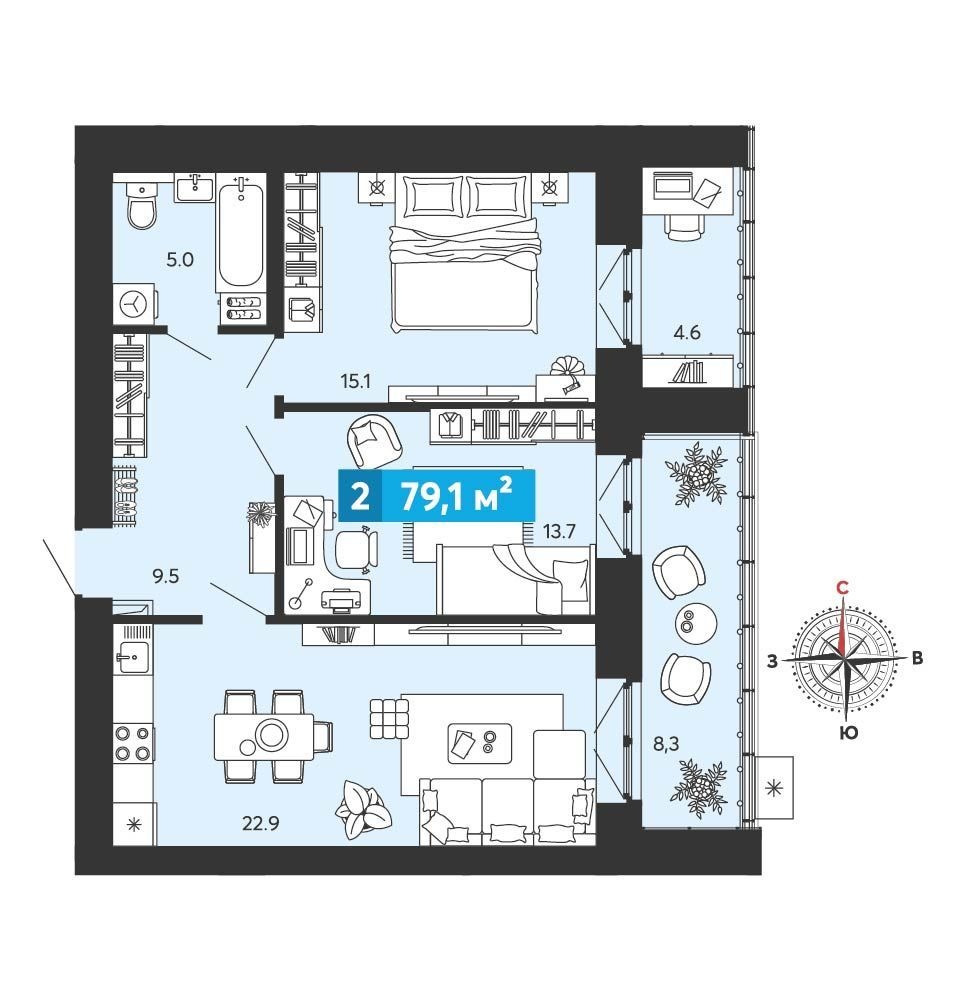   Продаются  2 комнатные квартиры в ЖК Созвездие , башня Лира.
Дом 17-ти этажный , кирпичный ,  класса «Комфорт +» , на пересечении улиц  Фонтанная и Светлая  .
 Срок сдачи 3 квартал 2026 года .

Общая площадь 79,1 кв.м.  Жилая 28,8 кв.м.  Кухня 22,9 кв.м.  С/у совмещенный. 2 Лоджии  Имеется выб