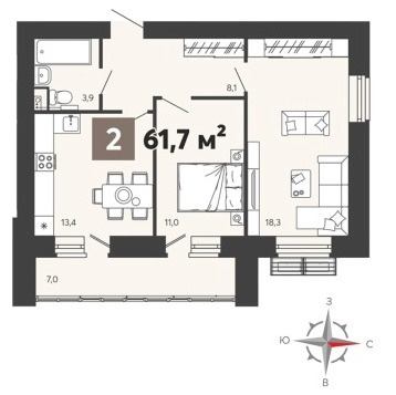 Продается 2 комнатная квартира  в ЖК «Новелла» , ул. Шмидта/Крупской  , 4 этап. , 3 строение .Трехподъездный  дом переменной этажности , от 14 до 16 этажей . Срок сдачи. 4 кв. 2025 года. 
 
Общая площадь 61,7 кв.м . Жилая площадь 29,3 кв.м . Кухня 13,4 кв.м . Лоджия 7 кв.м . 

Пред чистовая отделка 