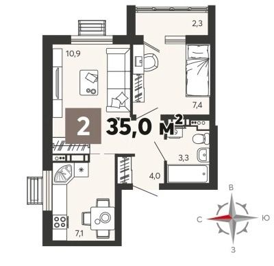 Продается 2 комнатная квартира в ЖК «Новелла» , ул. Шмидта/Крупской  , 4 этап. , 3 строение .Трехподъездный  дом переменной этажности , от 14 до 16 этажей . Срок сдачи. 4 кв. 2025 года. 
: 
Общая площадь 35 кв.м . Жилая площадь 18,3 кв.м . Кухня 7,1 кв.м . Лоджия 2,3 кв.м . 

Пред чистовая отделка  