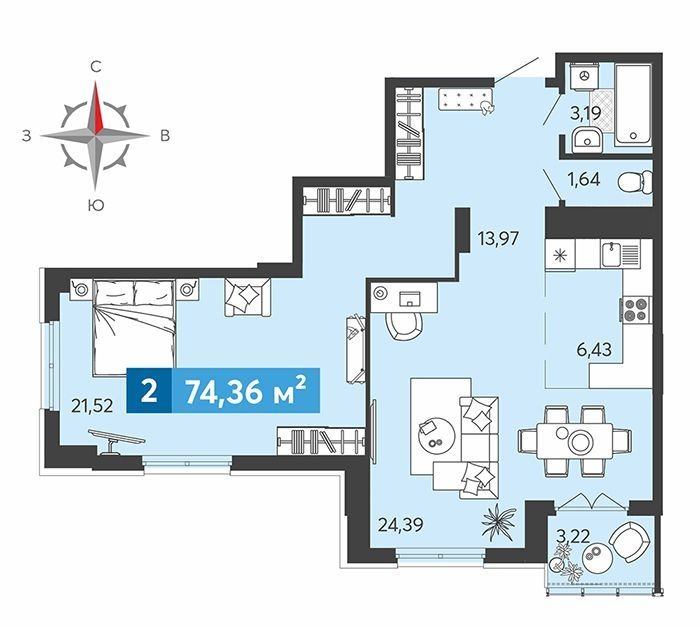   Продаются 2 комнатные квартиры,  в ЖК Созвездие , башня Астерион.,бульвар Прибрежный.
Дом 24 этажа , монолитно/кирпичный ,  класса «Комфорт +» ,. Срок сдачи 3 квартал 2025 года .

В наличии 2 комнатные квартиры :
Общая площадь 74,36 кв.м. , жилая площадь 45,91 кв.м., кухня 6,43 кв. м. , с/у с