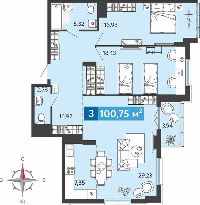    Продаются 3 комнатные квартиры,  в ЖК Созвездие , башня Астерион.,бульвар Прибрежный.
Дом 24 этажа , монолитно/кирпичный ,  класса «Комфорт +» ,. Срок сдачи 3 квартал 2025 года .

В наличии 3 комнатные квартиры :
Общая площадь 100,75кв.м. , жилая площадь 64,64кв.м., кухня 7,35кв. м. , 2 сан у